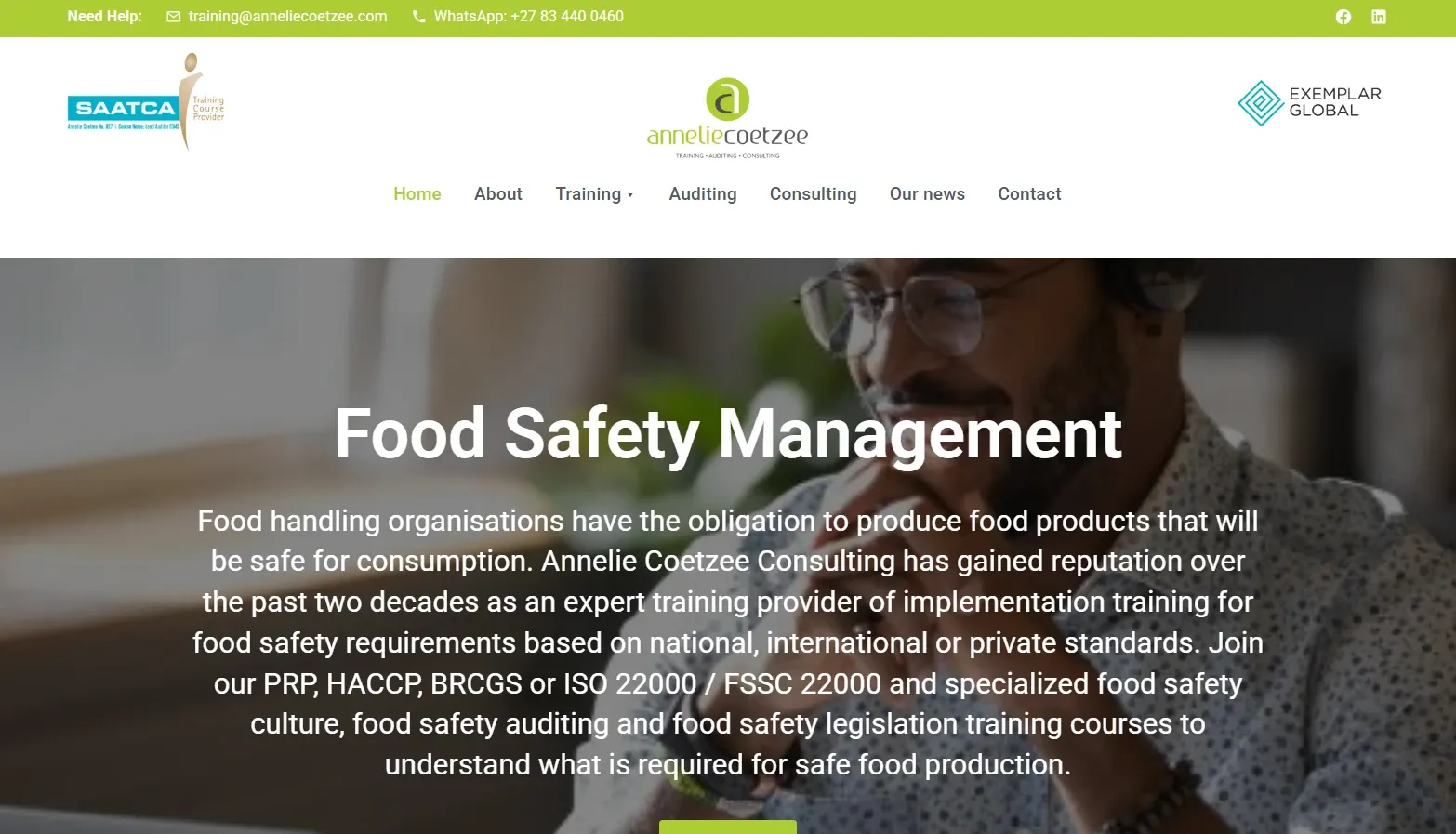 The Annelie Coetzee Consulting homepage: a Food Safety Management hero describing PRP, HACCP, BRCGS and ISO 22000 / FSSC 22000 training, under a navigation bar with the SAATCA and Exemplar Global logos.