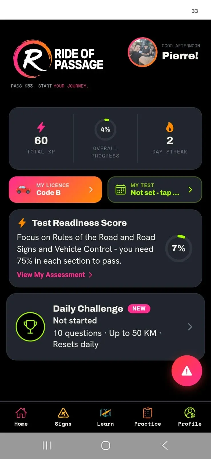 Ride of Passage app home screen showing total XP, overall progress, day streak, licence code, a Test Readiness Score and a Daily Challenge.