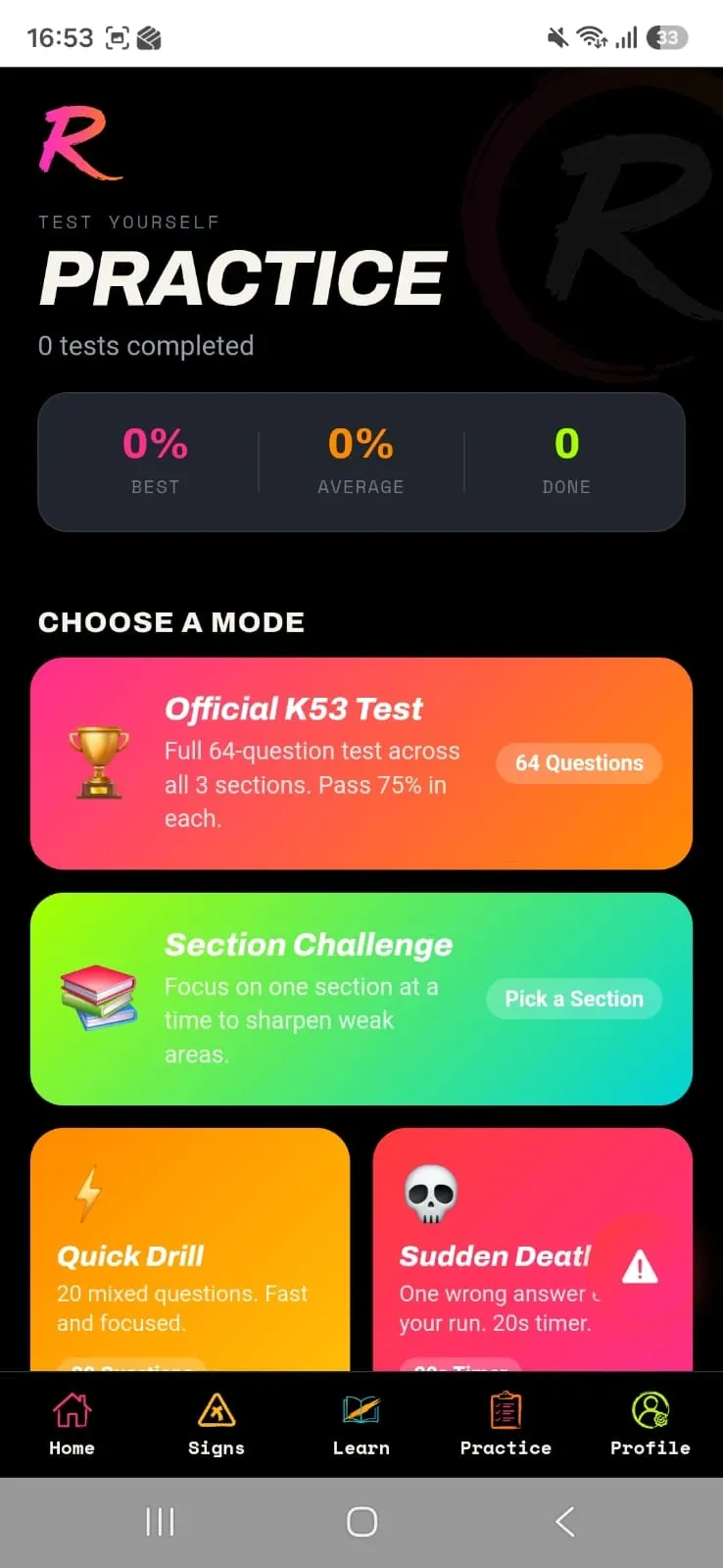 The Practice screen with modes including the full 64-question Official K53 Test, Section Challenge, Quick Drill and Sudden Death.