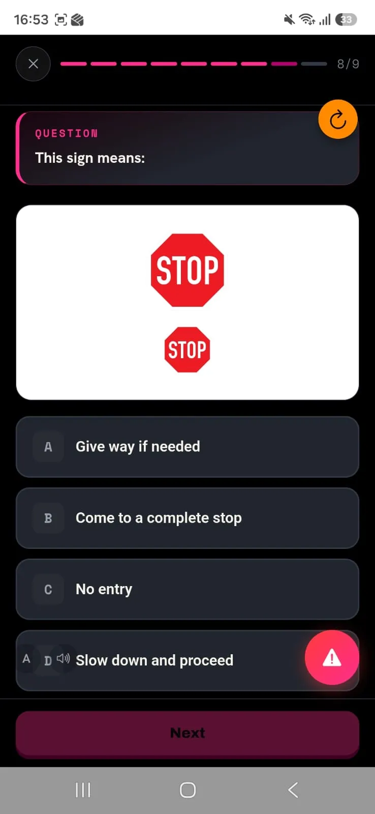A practice question showing a stop sign with four multiple-choice answers and a progress bar along the top.