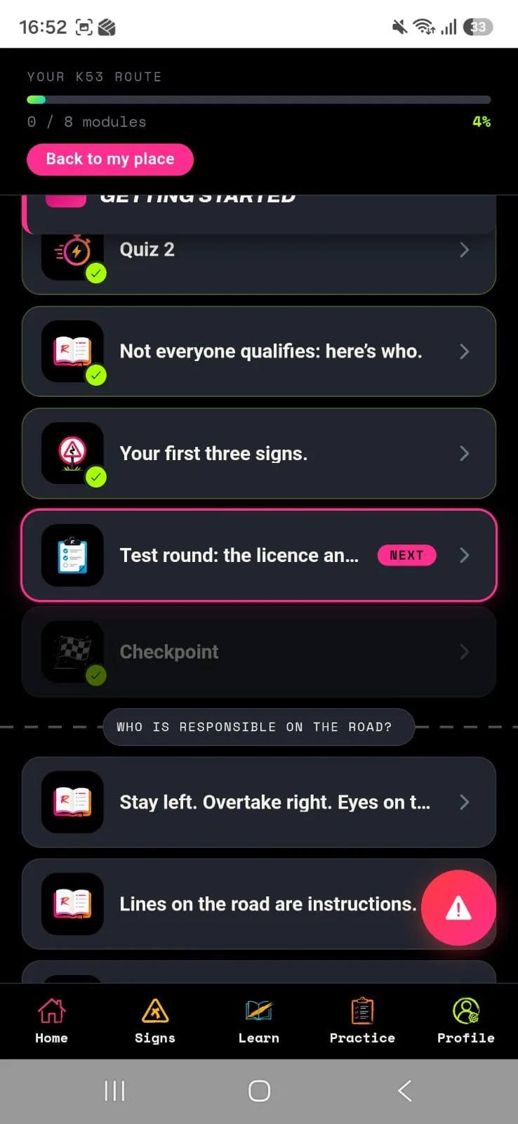 The K53 route screen: a module list of lessons, quizzes and checkpoints with completed items ticked and the next one highlighted.