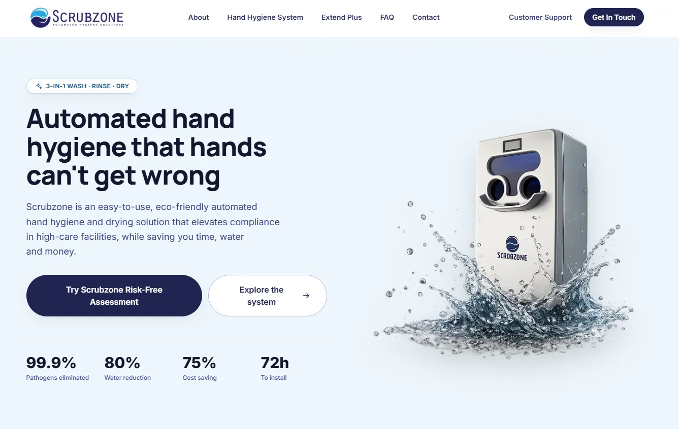 The Scrubzone homepage: the headline 'Automated hand hygiene that hands can't get wrong' beside a product image of the Scrubzone unit in a splash of water.